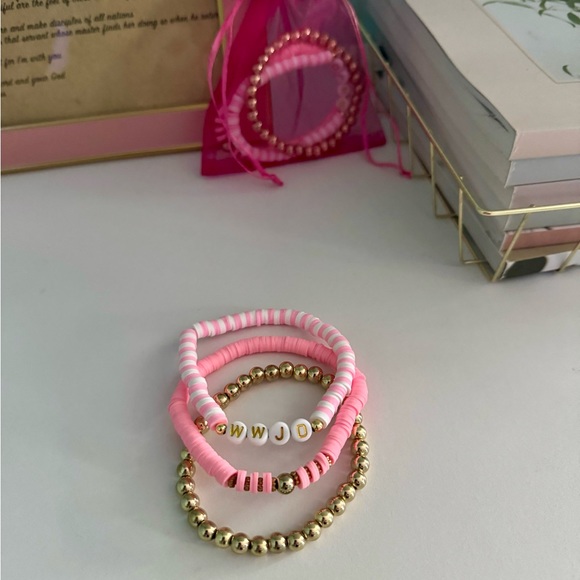 WWJD Pink & Gold Pastel Clay Christian Faith Jewelry Jesus Bracelet Heishi Style - Picture 7 of 8
